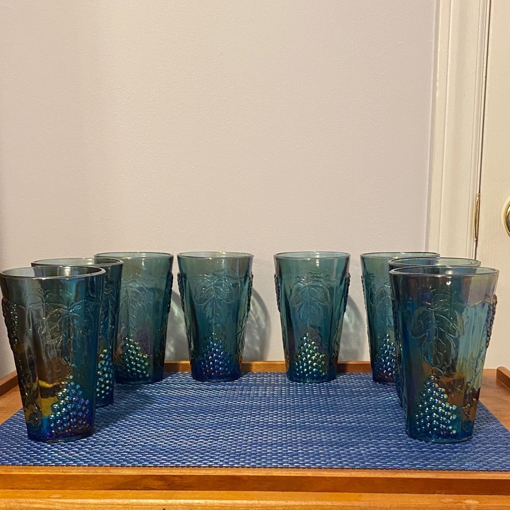 Vintage Indiana Carnival Glass Iridescent Blue Harvest Grape Tumblers Set of 8
